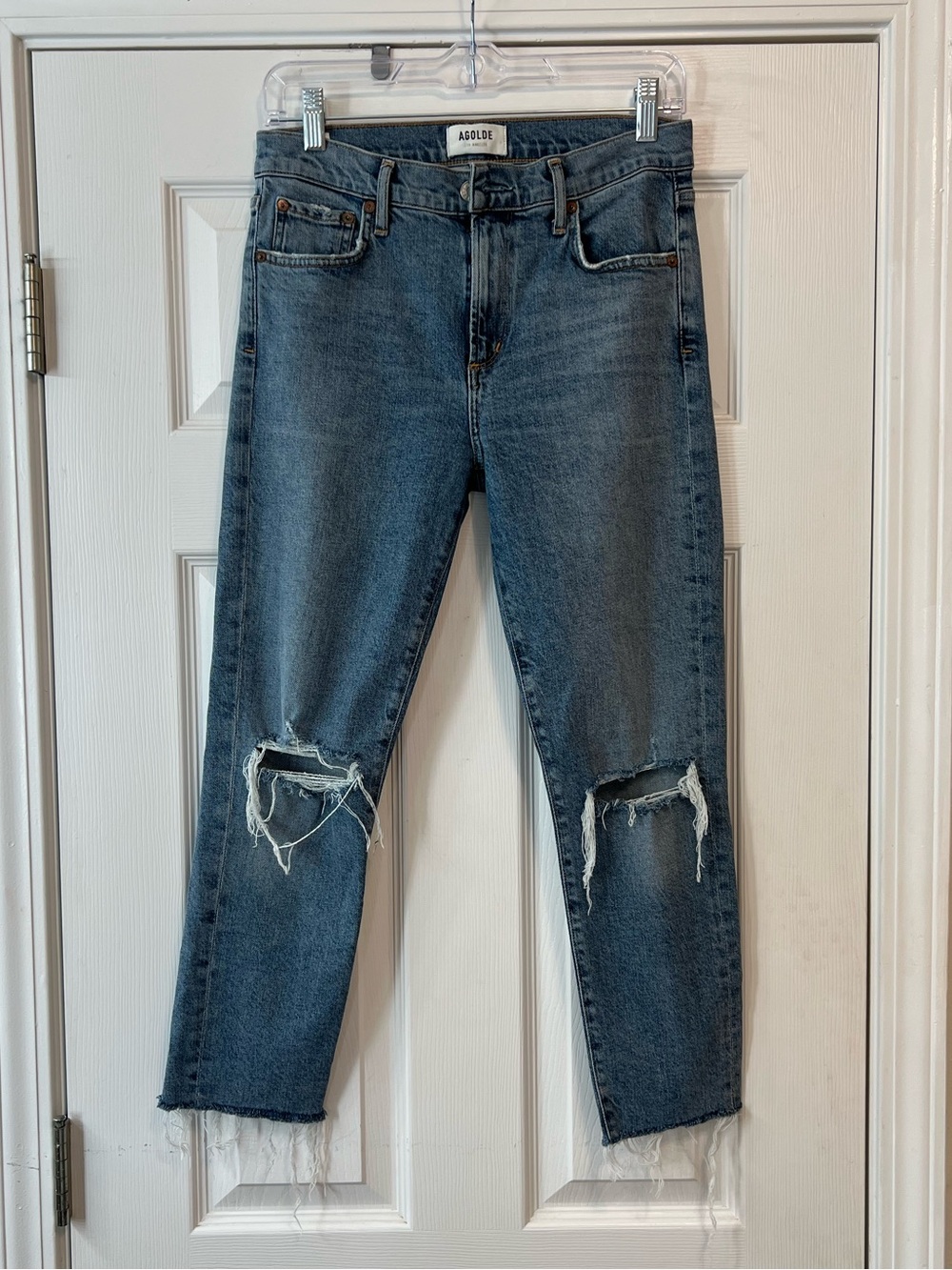 AGOLDE Riley High Rise Straight Crop Jeans Size 27 Distressed Knees Raw Hem Blue